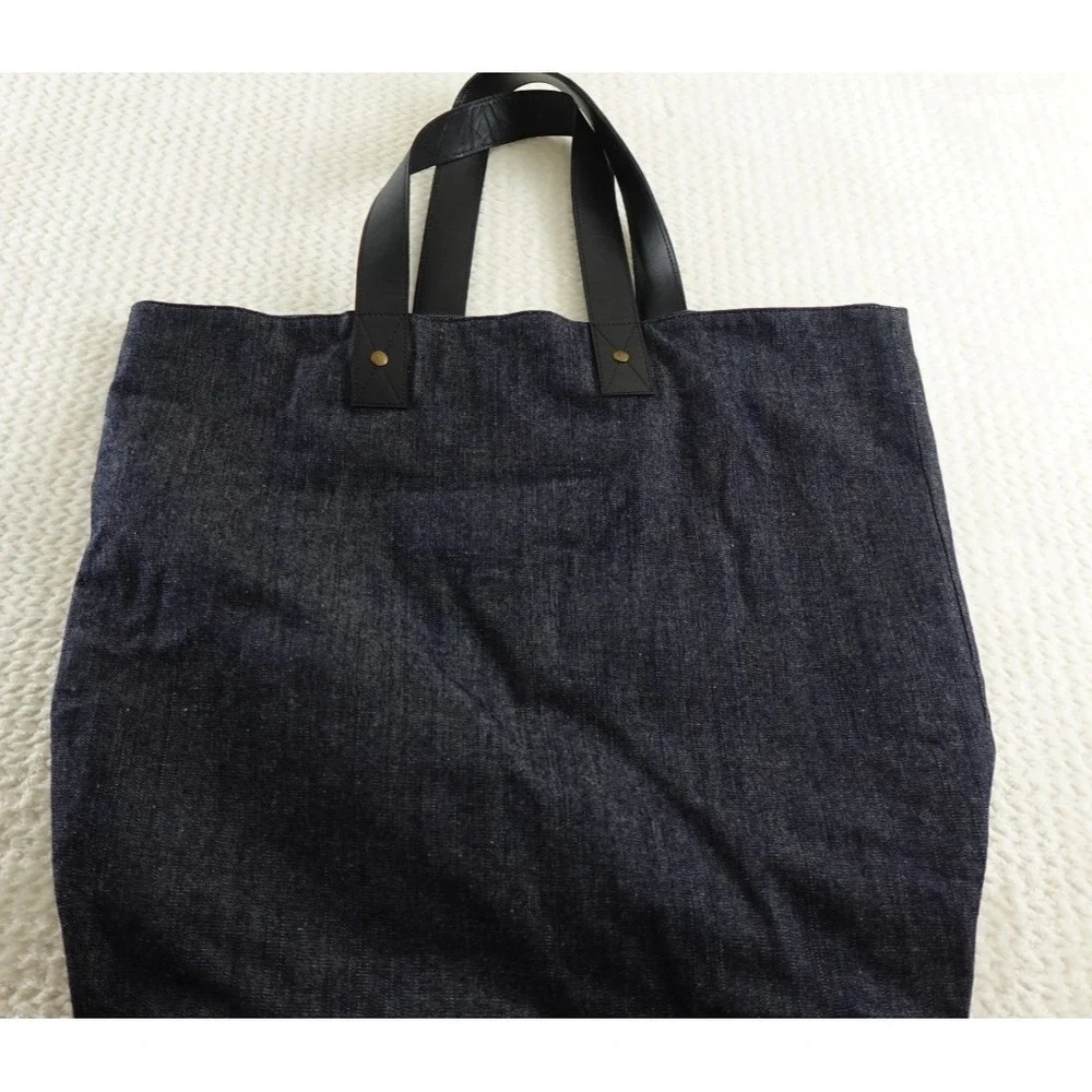 MICHAEL ARAM HAMMERED METAL LOGO TOTE BAG DENIM WITH LEATHER STRAPS